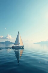 Obraz premium Serene sailboat glides across tranquil ocean waters under a vast, clear sky, reflecting peaceful journey