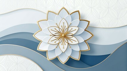 White and Gold Flower with Blue Waves