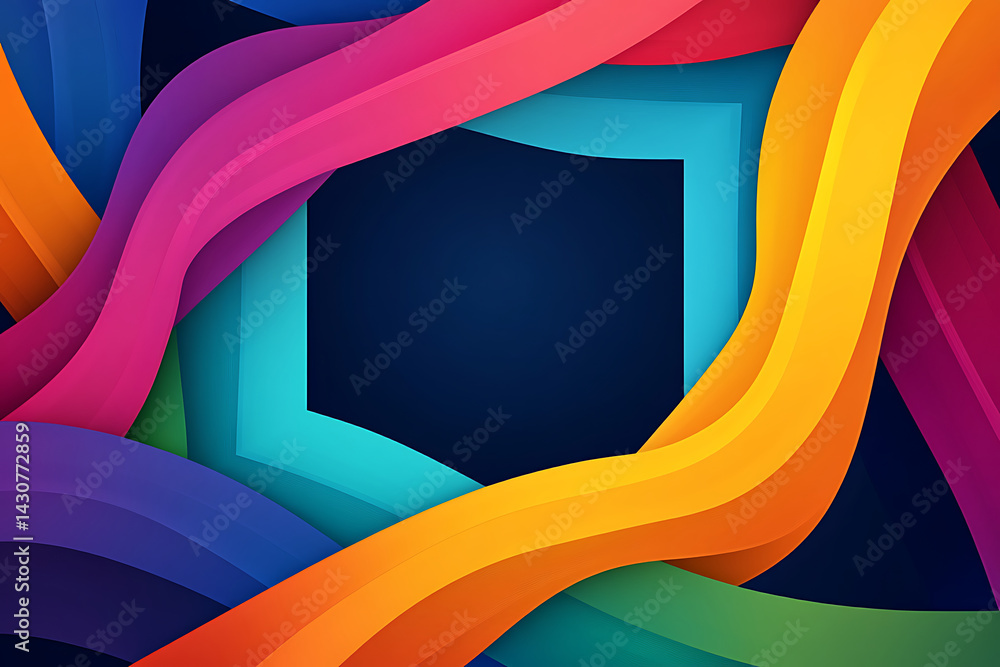 Poster colorful abstract design with vibrant waves and shapes creating a dynamic visual effect on a dark ba