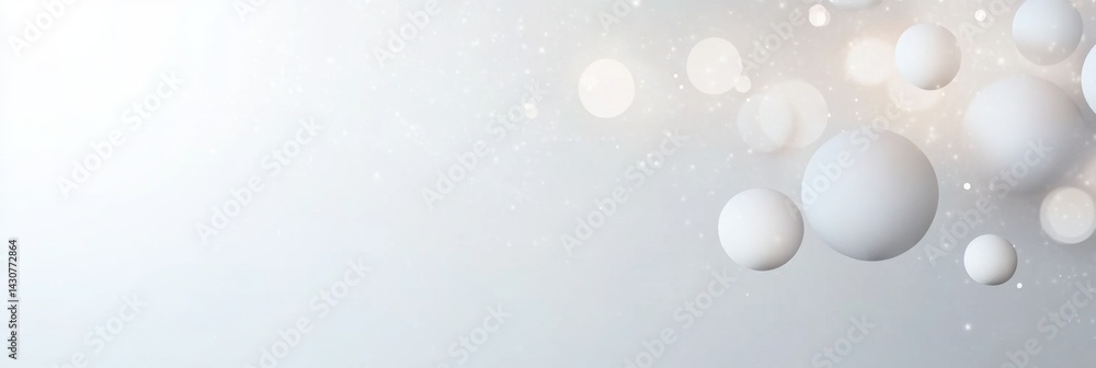 Poster floating white spheres in soft light with gentle sparkling particles