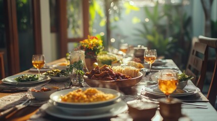 Festive meal on a wooden table, filled with diverse dishes and drinks, set for a large gathering outdoors.