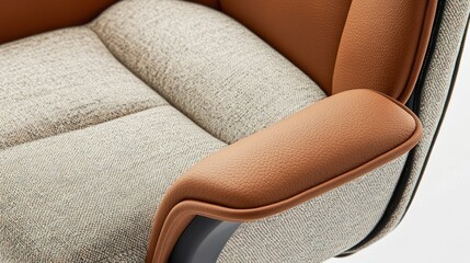 Beige fabric office chair with tan leather armrests
