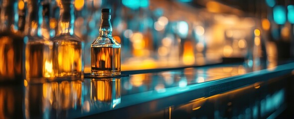 Obraz premium Whiskey Bottle on a Bar Counter at Night