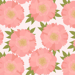 Obraz premium Seamless pattern with peony flower. Pink peonies and leaves are chaotically located on a light background. Vector color background. For fabric, printing, postcards, textiles, wallpapers, posters, web