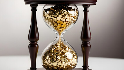 hourglass filled with golden coins symbolizing time and wealth. The sandglass has wooden legs and is set against a backdrop that highlights the details of its design