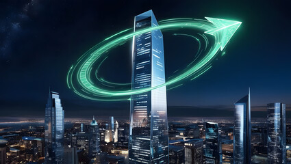 a modern skyscraper representing growth and progress with an arrow around it