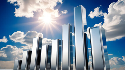 shining chrome skyscraper bar graph with a bright sunny sky background, symbolizes growth, success, and financial progress