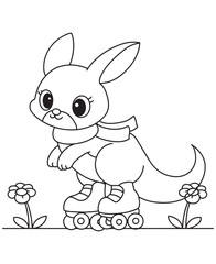 Coloring book rabbit on roller skates with a scarf among the flowers. 