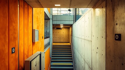 Staircase with orange walls and concrete