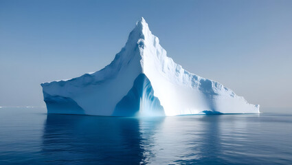 majestic iceberg floating in the vast ocean under a clear sky. The iceberg is a stunning shade of blue, and reflects beautifully on the calm water surface