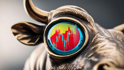 A symbolic representation of a bull's eye reflecting stock market data. The bull is rendered in striking detail, symbolizing the strength and potential of the market