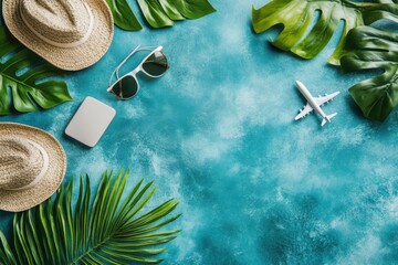 Planning a tropical getaway with travel accessories on a vibrant blue background