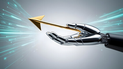 A robotic hand gently holds a golden arrow pointing upwards, symbolizing growth and progress in a technological future.