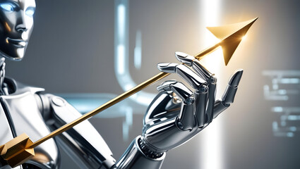 An advanced robot holding a golden arrow, symbolizing future progress, artificial intelligence, and technological innovation