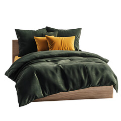 kids single bed, neatly made dark green bedding, burnt yellow pillow, shot from the end of the bed, catalogue image, no background