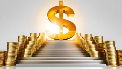 a staircase to dollar symbol with gold coin stack