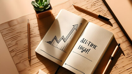 notebook opened to show a upward trending line with "all-time high" text and small decorative plant placed