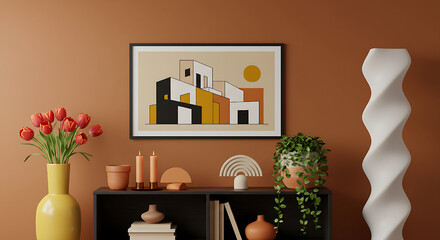 Modern shelf decor with warm terracotta tones, showcasing a minimalist living space and curated aesthetic vibe with elegant home accents