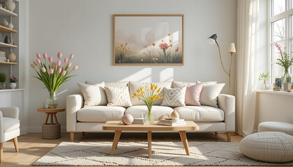 Interior design of spring living room with design sofa, furniture, vase with tulips, easter decorations, pillows and personal accessories. Home decor. Template. Easter holidays.