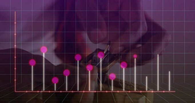 Hands manipulating padlock with lock-picking tool on desk, projecting neon-pink 3D tech bar graph
