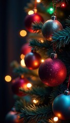 Sparkling baubles and colorful lights on a beautifully decorated Christmas tree, decorations, christmas