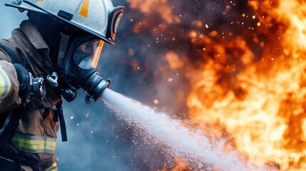 A dedicated firefighter sprays water on raging flames, exemplifying resilience and determination in the face of danger, with fire and smoke creating a visually dramatic atmosphere.