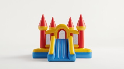 Inflatable castle bounce house with slide, white background, kids party fun