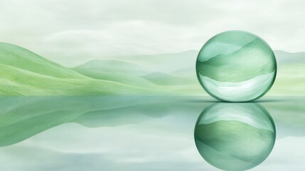 Serene glass sphere resting on a tranquil, mirrored landscape.