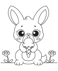 Coloring book rabbit enjoying an ice cream cone among the flowers