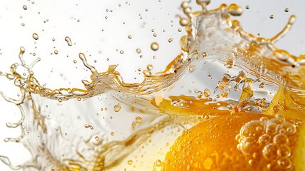 A refreshing splash of citrus soda, droplets captured mid-flight against a pure white surface.