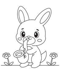 Coloring book rabbit playing the saxophone among the flowers.