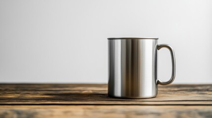 Stainless steel mug on a wooden table (1)
