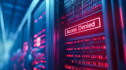 Red Access Denied Warning Light on Server Rack Cybersecurity Data Center - Powered by Adobe