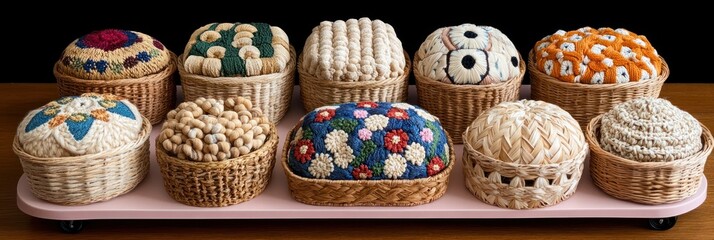 Woven Wonders Baskets with intricate yarn tops arranged on a pink tray