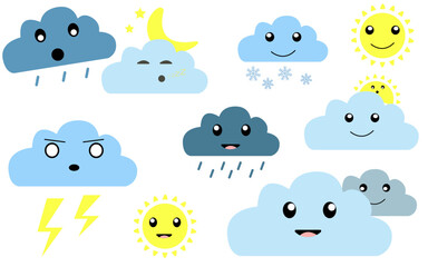 Cute cartoon clouds with different emotions vector set
Vector set with illustration of clouds and sun with different emotions sadness, fun, disappointment, joy
