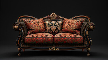 A royal Ottoman-style settee with brocade cushions, standing on a solid black background with dramatic lighting and copy space.