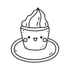 Kawaii cupcake isolated on a white background. Vector hand-drawn illustration in doodle style. Cute character. Perfect for cards, decorations, stickers, logo, menu, various designs.
