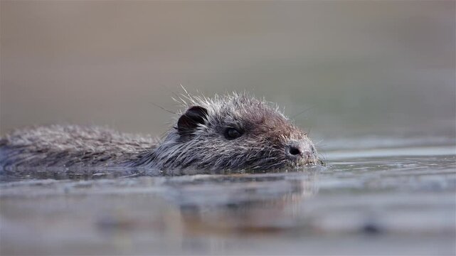 Nutria swimming on the water's surface in a close-up view