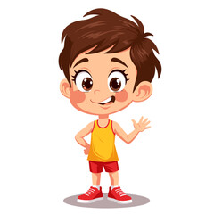 Obraz premium Cute boy waving happily in a yellow tank top and shorts 