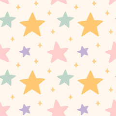 Cute simple seamless pattern with stars in pastel colors. Vector hand-drawn flat illustration. Perfect for print, wrapping paper, wallpaper, fabric, textile. Childish design.