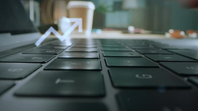 Close Up of a Person Using a Laptop Computer. Hands Type on Keyboard. VFX Digital Icons Showing Different Apps and Software: Online Communication, Business Analytics, Cloud and Others Online Services
