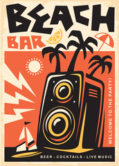 Retro beach bar promotional poster design with speaker and palm trees. Summer joy flyer template. Vector illustration.