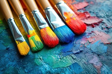 Obraz premium Colorful paintbrushes arranged on a vibrant palette showcasing various paint colors