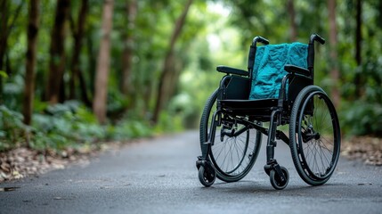 Obraz premium An empty wheelchair placed on a serene road surrounded by natural greenery, symbolizing freedom, hope, and the journey of life amidst tranquil and peaceful landscapes.