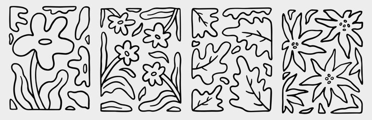 A set of compositions with linear natural elements. Organic, abstract patterns on a light gray background. Curved and irregular shapes resembling plant-like forms. Vector hand-drawn illustration.