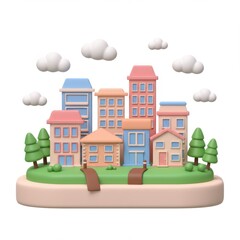 Cartoon city buildings trees clouds illustration isolated on white background