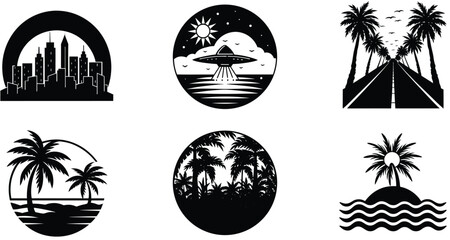 Six Black and White Icons Cityscape Palm Trees UFO Ocean