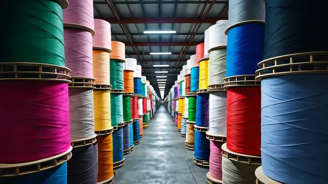 Colorful spools of thread arranged in neat rows inside a warehouse, showcasing a vast collection of vibrant textile materials for industrial use.


