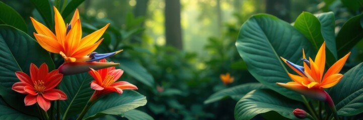 Fototapeta premium Tropical flowers blooming in a lush garden, plant life, greenery