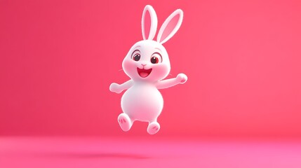 Obraz premium Cute cartoon bunny jumping with excitement in colorful background and pink hue image